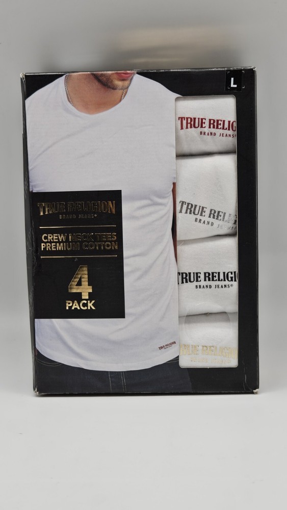 TRUE RELIGION 4-Pack Men’s M L XL White Premium Cotton Crew Neck Logo T Shirt