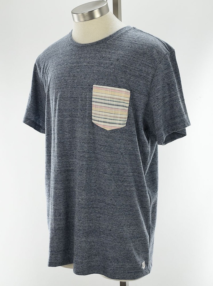MARINE LAYER RE-SPUN Heather Blue Crew Neck Striped Pocket T Shirt LARGE NWOT
