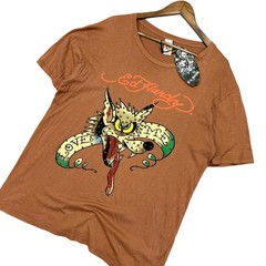 Ed Hardy Mens XL Love Me Wolf Rhinestone Graphic T-Shirt Terracotta Brown NWT