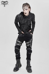 Devil Fashion Men Black And Gray Striped Gothic Asymmetric Hooded T-Shirt Tops