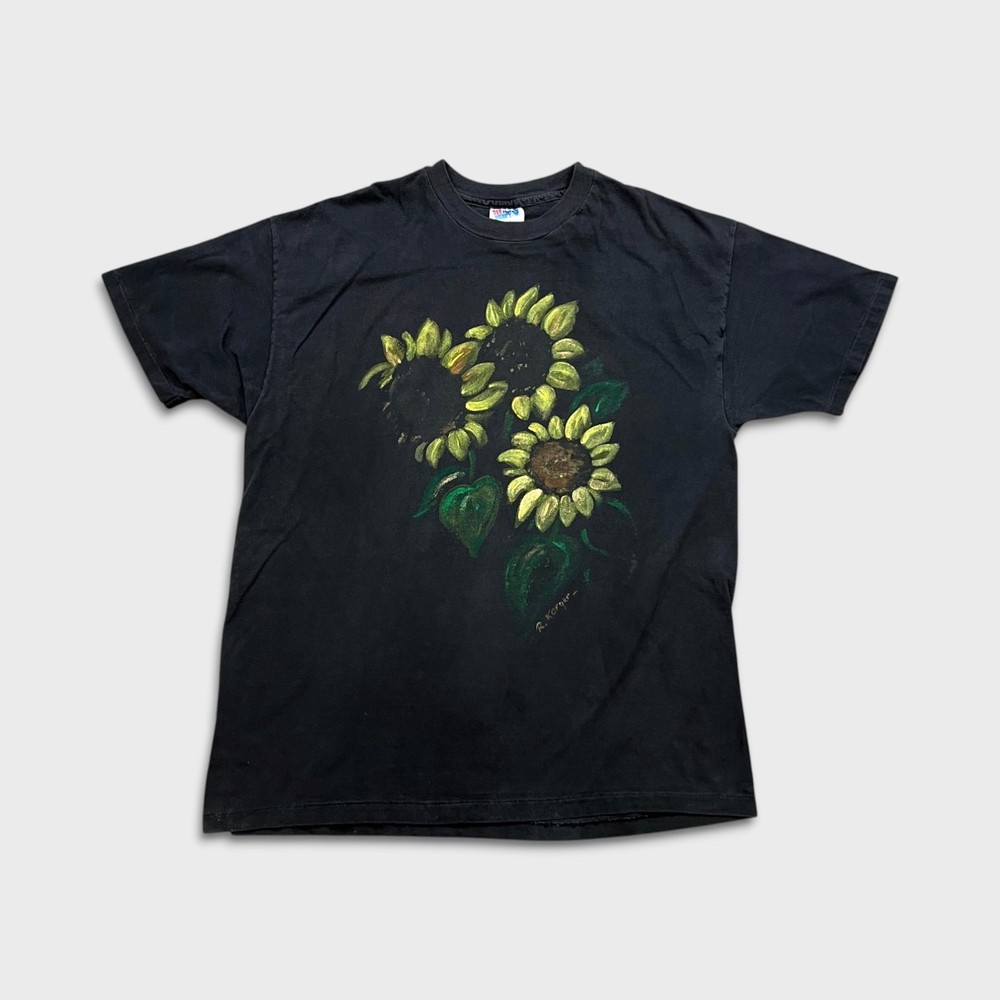 Vintage Sun Flower T Shirt Mens XL Black USA Painted Faded Single Stitch 90s Tee