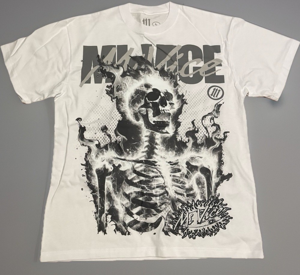 Evil Vice “Mi Vice” Skeleton Flame Graphic Men’s White T Shirt Size Large