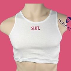 Personalizable Custom Embroidery SLUT mens white super short crop rib tank top