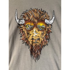 Upcycled Hybrid Flannel Tee Bison Graphic Tan Red Plaid Long Sleeve Mens Medium