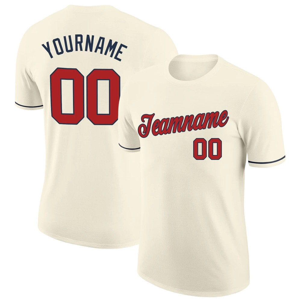 Custom Cream Red Navy Performance T-Shirt Mens Sport Baseball Team Graphic