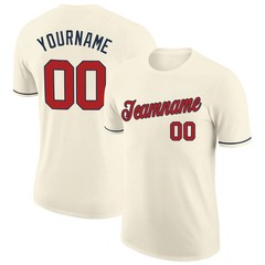 Custom Cream Red Navy Performance T-Shirt Mens Sport Baseball Team Graphic