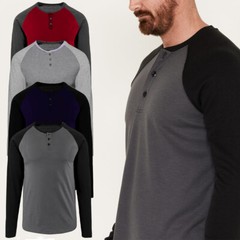 Mens Long Sleeve Henley Raglan T Shirt Grandad Neck Contrast T-Shirt New Top