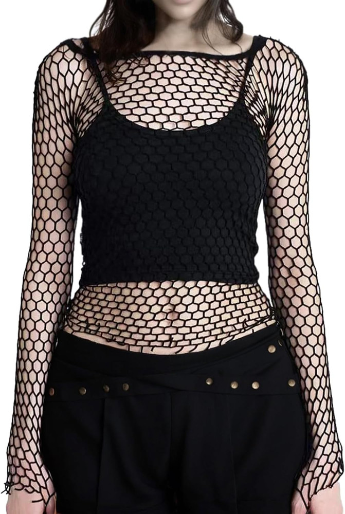 Fishnet Mesh Long Sleeve Top Unisex Rave Punk Gothic Festival Shirt Streetwear