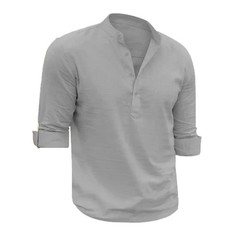 Men’s Shirts Henry Collar Soft Casual Spring Clothes Solid Color Long Sleeves Co