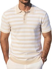 Men’s Striped Knit Polo Shirt Lightweight Short Sleeve Casual Collared Golf Tee