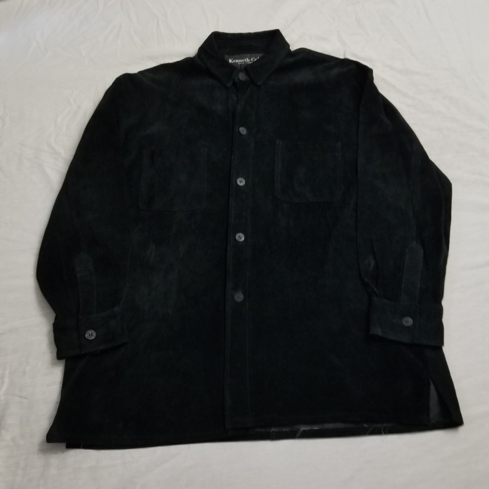 Kenneth Cole Suede Leather Button Up Shirt Jacket Mens Large Black Shacket VTG