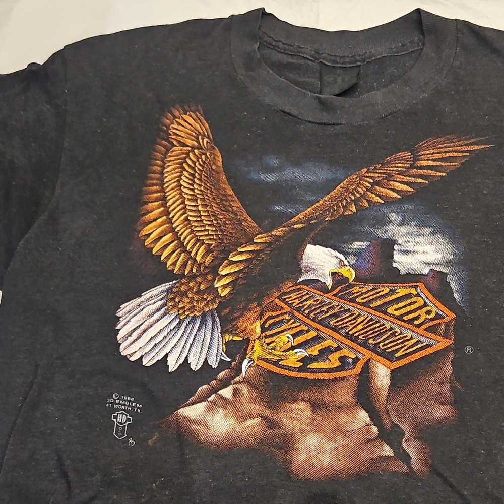 1986 Harley Davidson 3D Emblem Vintage Black T-Shirt Motorcycle Single Stitch XL