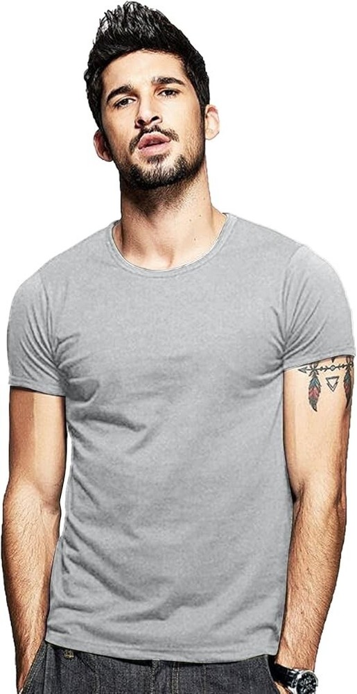 Men’s Elastic Slim Fit Crew-Neck T-Shirt Casual Solid Short Sleeve Tee Grey XL