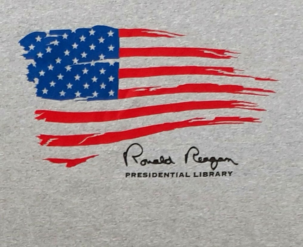 Ronald Reagan Presidential Library Gray USA Flag T-Shirt Stats Stripes XL NEW