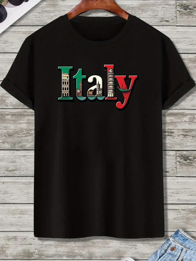 Mens Italian Pride T Shirt Italy Map Flag Pisa Tower Colosseum Graphic Tee