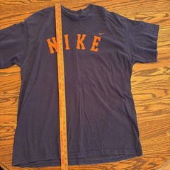Vintage 90s Nike Blue Graphic SPELLOUT Logo T-Shirt Men’s Large Orange Lettering