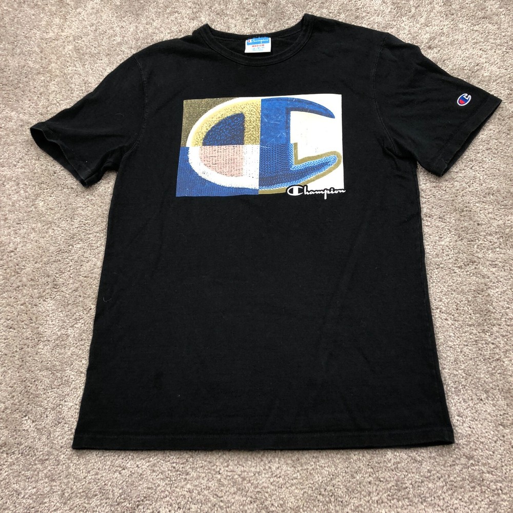 Champion Men Shirt Medium Black Crew Neck Cotton 90s Felt Multi Logo Graphic Tee