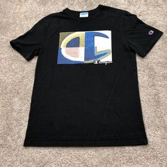 Champion Men Shirt Medium Black Crew Neck Cotton 90s Felt Multi Logo Graphic Tee