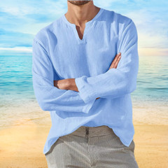 Men’s Shirt Long Sleeve Cotton Linen T-shirt V-Neck Solid Breathable Casual NEW