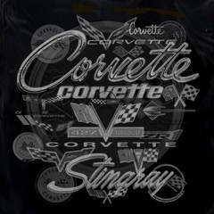 Joe Blow T’s Chevy Corvette All Over Logos Men’s Black T-Shirt Stingray Flags