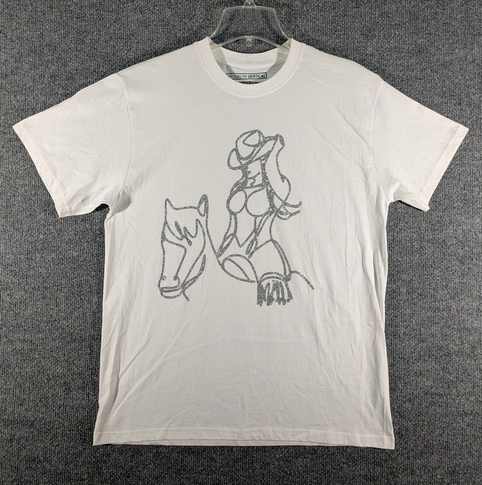 BROOKLYN VERTICAL T-Shirt Cowgirl Horseback Glitter Graphic Tee Adult Size Med