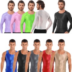 US Men’s Shiny Oil T-Shirt Long Sleeve Round Neck Shirt Fitness Bodybuilding Top