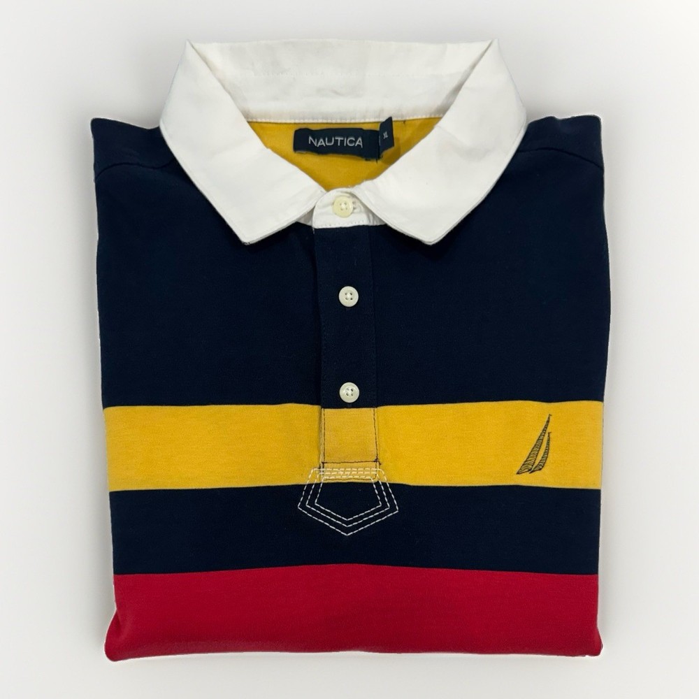 Nautica Striped Rugby Rugby Polo Shirt Men’s XL White Collar Long Sleeve