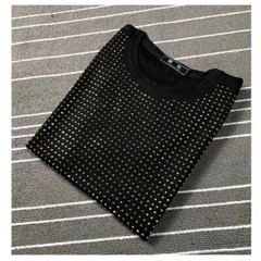 New Men Cotton Hot Drilling Polka Dot Rhinestones Black T-Shirt Short Sleeve