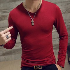 Men T Shirt Long Sleeve Slim Fit Solid Color Round Neck V Neck Cotton Top