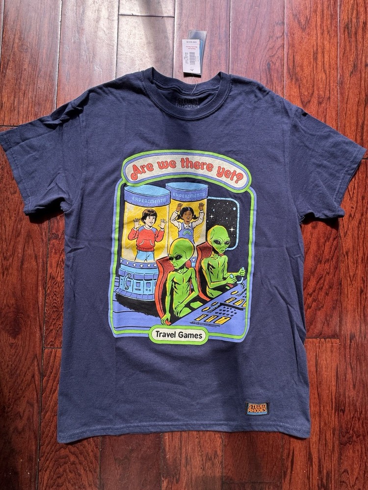 Steven Rhodes Are We There Yet T-Shirt Mens Medium Blue Alien Sci-Fi Retro NWT