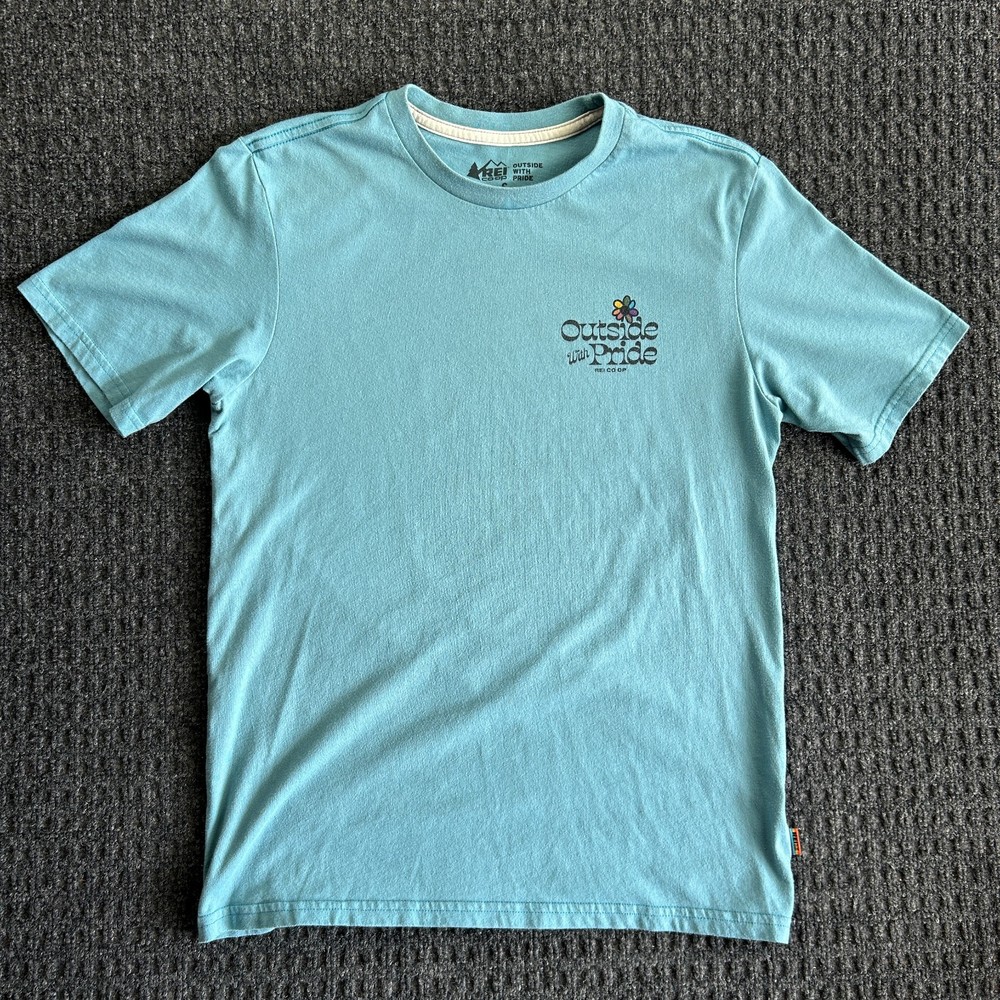 REI Co-op T Shirt Outside With Pride Womens S Blue Rainbow LGBTQIA+ Flower