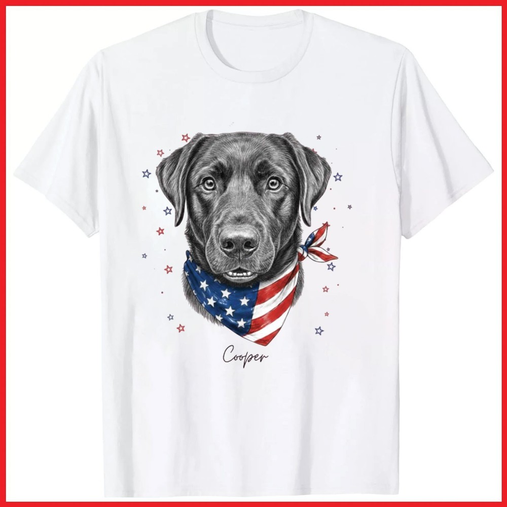 Custom Pet Portrait Patriotic Dog 4th of July American White Cotton T-Shirt