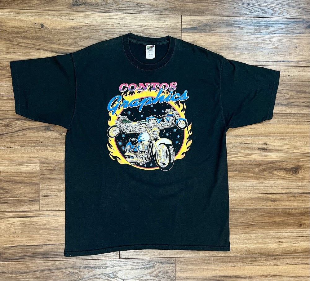 Vtg Contos Graphics Motorcycle Black Tshirt On Fruit Of The Loom Sz XL Weed T