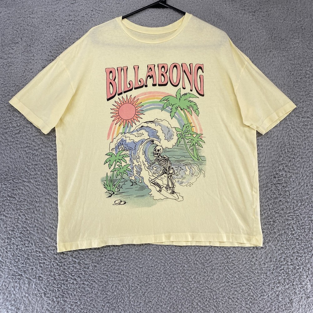 Billabong Oversized Tee Womens Small Skeleton Surfer Palm Trees Graphic Beach