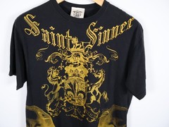 VTG Bulzeye T-Shirt Men’s Medium Black Gold Saint Sinner Skull Beaded Y2K