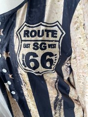 Route 66 Mens Shirt Large Henley Flag USA Blue Brown Button Easy Care
