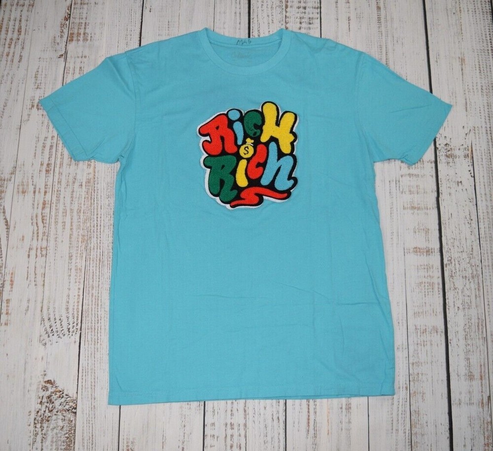 OUTRANK SNEAKER T-SHIRT RICH RICH EMBROIDERED MENS BLUE LARGE L MONEY CASH RARE