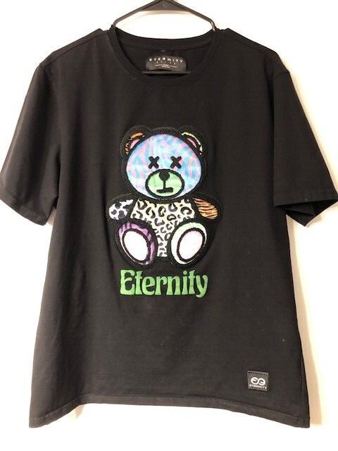 Eternity BC/AD Men’s XL Embroidered X-Eyed Fuzzy Teddy Bear Black Cotton T Shirt