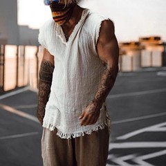 Men Vest Solid Color Casual Leisure Individual Old Style Loose Type Ripped Edge