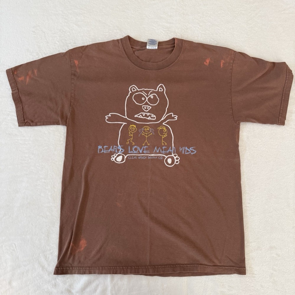 VTG Y2K Clear Vision Drama Co. T-Shirt Bears Love Mean Kids Biblical Sz L Brown