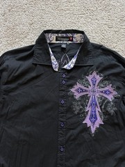 Victorious Los Angeles Men’s L Black Purple Cross Embroidered Shirt Gothic Y2K