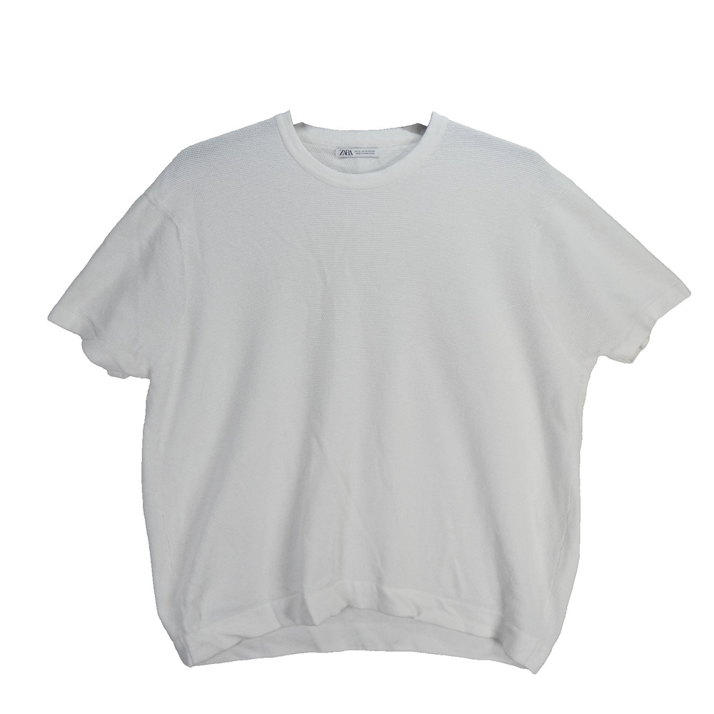 Zara Mens Knitted T Shirt White Textured Crew Neck size XL