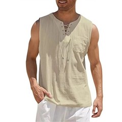 Men Cotton Linen Sleeveless Tank Top Retro V Neck Lace Up Casual Shirt UV Gift