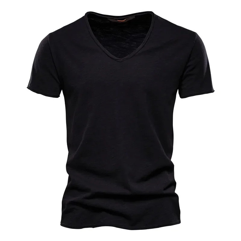 Brand Quality 100% Cotton Men T-shirt V-neck Fashion Design Slim Fit Soild Male