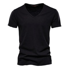 Brand Quality 100% Cotton Men T-shirt V-neck Fashion Design Slim Fit Soild Male