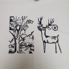 Hand-Printed Southwest Folk Art T-Shirt Cartoon Deer and Tree Lino Cut Print