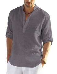 Men’s Cotton Hemp Long Sleeve Casual Beach Henley Shirt(GREY,L)