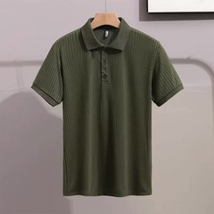 Men’s Striped Shirt Short Sleeve Moisture Wicking Lapel Neckline Slight Stretch