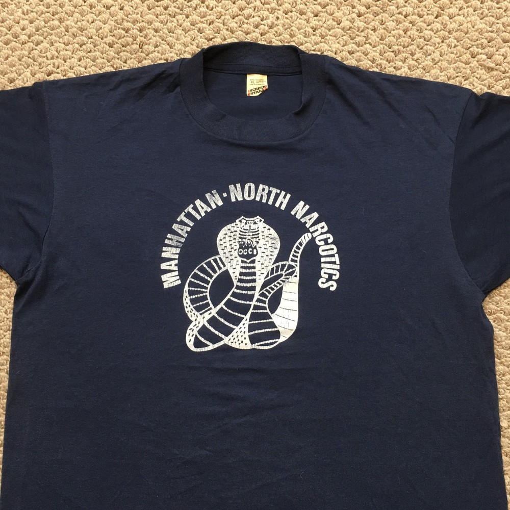 Vintage 80s Manhattan North Narcotics T-Shirt Mens L/XL Blue NYPD NY Made in USA