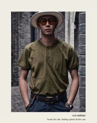 Cotton Henry Collar Short Sleeve T-Shirt Summer Men American Retro Fitness